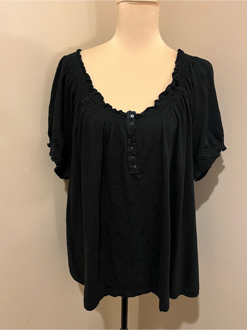 Lauren Ralph Lauren Black Smocked Scoop Neck Top, subtle embroidery, 3X